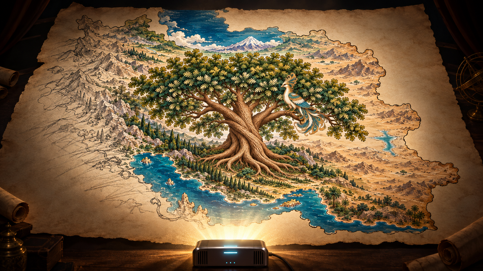 Illustrated map of Iran with an ancient oak, Simorgh, Mount Damavand and the surrounding seas