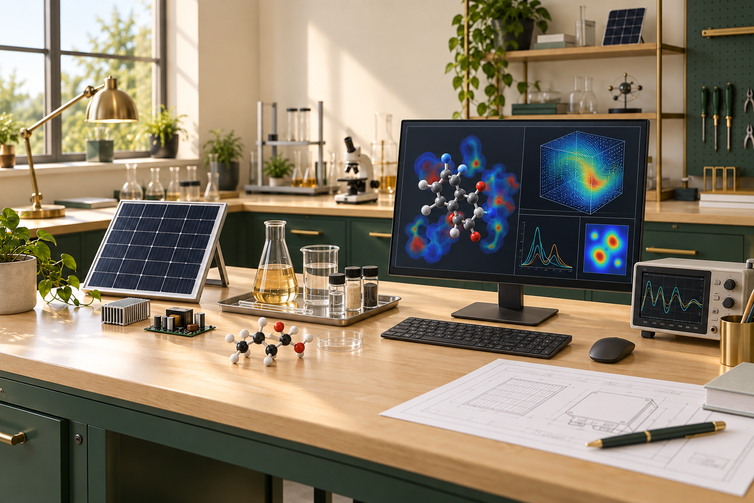 Illustrated chemistry, computational physics and energy laboratory with molecular modelling and measurement equipment